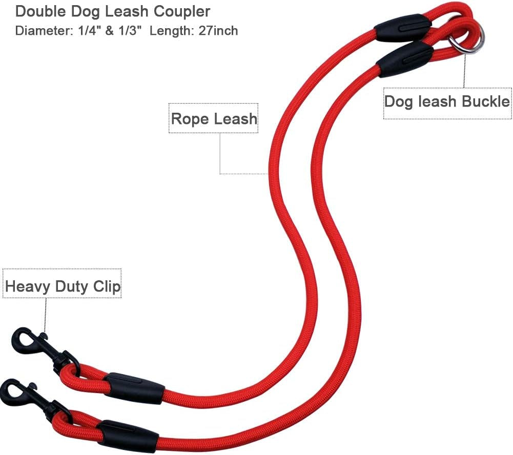 Double Dog Leash, Rope 2 Dog Dual Leash 360° Swivel No Tangle Coupler 2 Dogs Leash