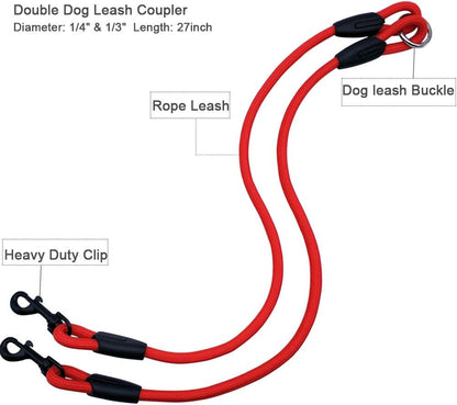 Double Dog Leash, Rope 2 Dog Dual Leash 360° Swivel No Tangle Coupler 2 Dogs Leash